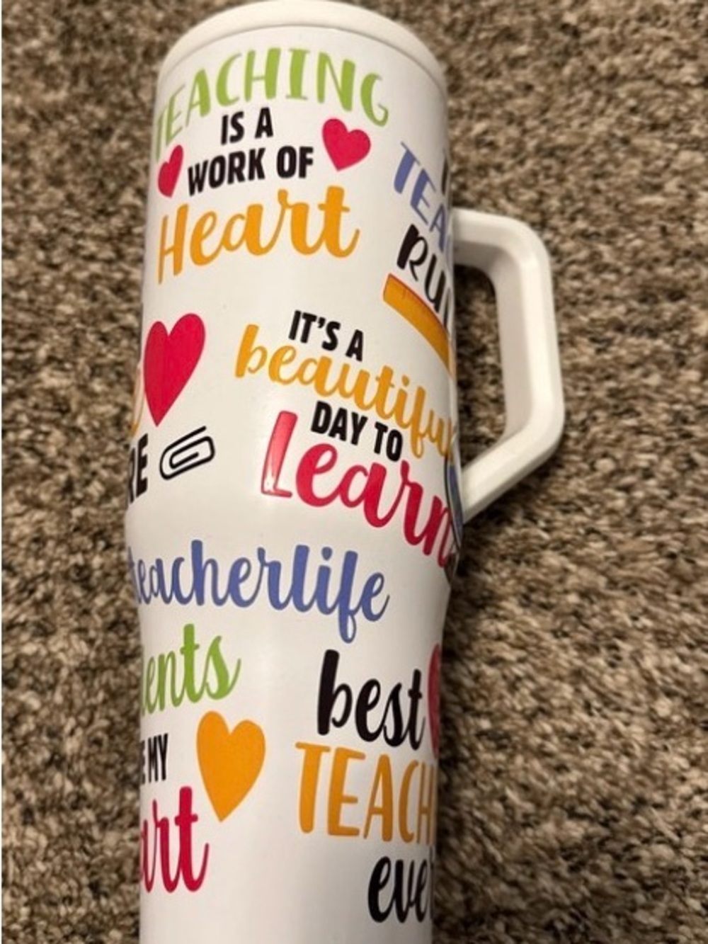 Hobby Lobby White Teacher-Themed Travel Mug with Multicolor Lettering